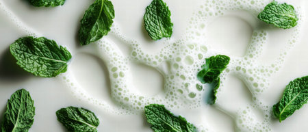 Creative milk splash accompanied by fresh mint leaves on a clean white backgroundの素材