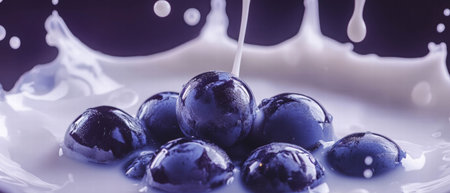 Swirling milk vortex encircling dark grapes on a vibrant purple backgroundの素材