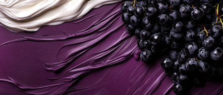 Dark grapes and swirling milk vortex create stunning visuals on vibrant purple backdropの素材