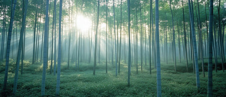 Misty morning light filtering through a tranquil bamboo forest landscapeの素材