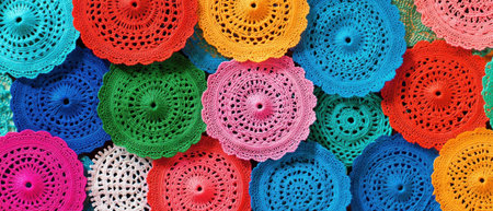 Vibrant collection of colorful paper doilies with intricate lace patternsの素材