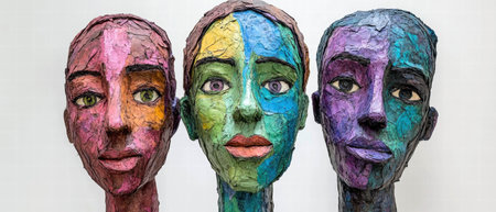Vibrant paper mache art pieces showcasing colorful human figures with unique expressionsの素材