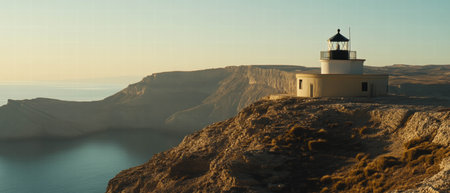 Lighthouse on a rocky bluff overlooking the serene ocean at sunriseの素材