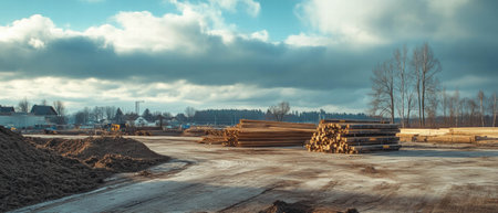 Freshly cut lumber stacked at a building site under a cloudy skyの素材