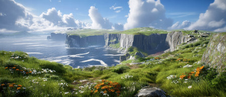 Coastal cliffs rise majestically above the ocean with vibrant flowers in the foregroundの素材