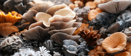 Vibrant smooth mushroom caps showcasing soft textures and varied colors in natural habitatの素材