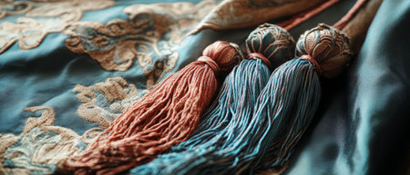 Intricate silk tassels showcasing flowing threads and decorative patternsの素材