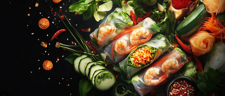Fresh and vibrant spring rolls with shrimp and vegetables for an appetizer spreadの素材
