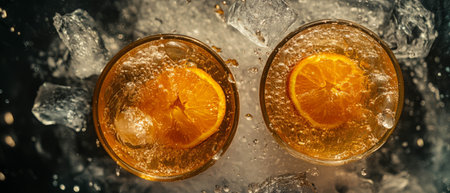 Refreshing freshly squeezed orange juice with ice served in a vibrant morning beverage setupの素材