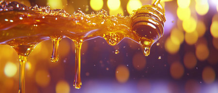 Sweet honey is drizzled from a wooden dipper against a shimmering background of golden dropletsの素材