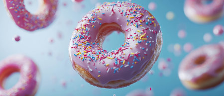 Colorful donuts with sprinkles floating against a vibrant backgroundの素材
