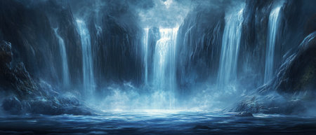 Majestic waterfalls cascading down rocky cliffs under a misty sky at twilightの素材