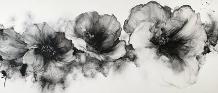 Black ink blooms creating flowing textures on white background for artistic expressionの素材