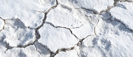 Cracked salt flats reveal intricate patterns of white crystalline textureの素材