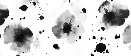 Grunge seamless pattern featuring black ink blooms on a white background for creative projectsの素材