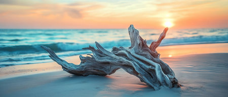 Weathered driftwood on the beach at sunset highlighting natural textures and colorsの素材
