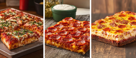 Savory Detroit-style pizza showcasing square slices and thick crust with melted cheeseの素材