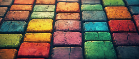 Brightly colored brick texture in casual game art style with varied hues and flat shadingの素材