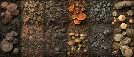 Varied textures and colors of mushrooms growing on different soil typesの素材