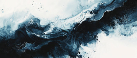 Marbled black ink patterns create mesmerizing swirls on a white backgroundの素材
