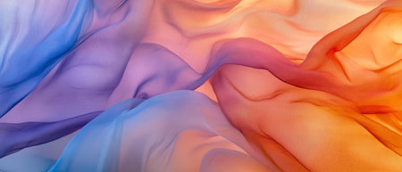 Flowing silk chiffon fabric with vibrant colors and delicate texture against soft backgroundの素材