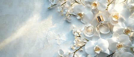 Luxurious flat lay featuring white orchids and elegant perfume bottles on a soft surfaceの素材