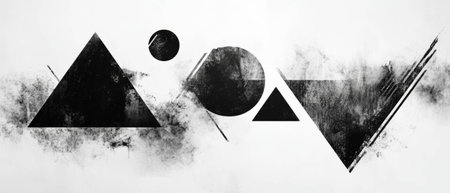 Geometric black ink patterns creating striking contrast on a white surfaceの素材