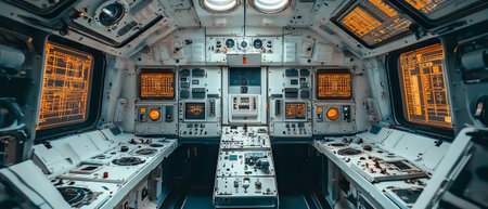 Interior view of an empty space station module with detailed control panels and quiet ambianceの素材