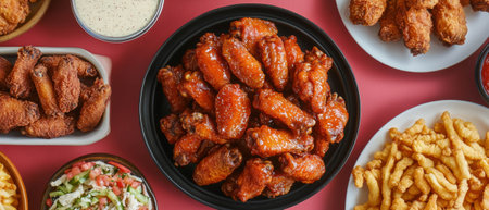 Spicy chicken wings served with various sauces for game day enjoymentの素材
