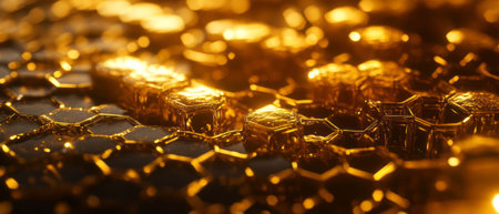 Beautiful honeycomb texture with golden honey glistening under soft lightの素材