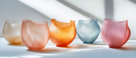 Softly tinted matte glass vessels showcasing gentle colors and light diffusionの素材