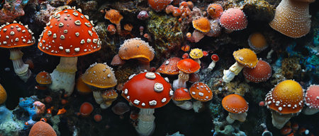 Colorful slimy mushrooms with wet surfaces create an intricate forest landscapeの素材