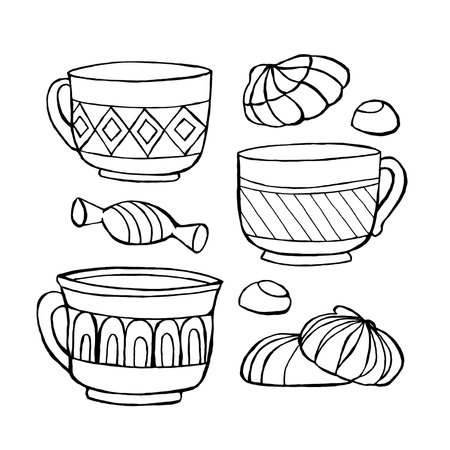 Tea cups with sweets on a white background. Coloring illustration with dish. Hand drawn cup for adult coloring book, pages, art therapy. Illustration for posters and greeting cards.のイラスト素材