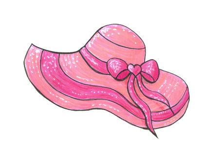 Summer women's pink hat with a bow.Elegant summer lady accessory.Illustration on white background.The picture is drawn by hand using art markers.Beach hatの写真素材