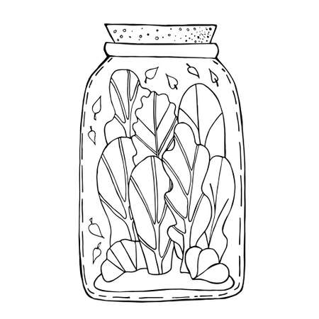 Black and white illustration with a fabulous autumn in a glass jar. Autumn forest.Vector picture. Hand drawing. Trees and leafs.のイラスト素材