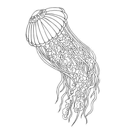 Coloring book with jellyfish. Black and white doodle picture of a beautiful jellyfish. Vector illustration. Hand drawing.のイラスト素材