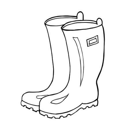 Illustration with autumn rubber boots.Line drawing, vector graphics. Black and white picture for coloring. Hand drawing.のイラスト素材