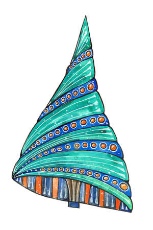 Stylized Christmas tree. Watercolor illustration on white background. Isolated hand drawn element for prints, cards, templates. Geometric ornament.の写真素材