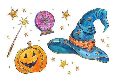 Set with hat, magic wand and crystal ball, pumpkin. Bright watercolor illustration. Halloween set for original design. Hand drawing.の写真素材