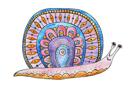 Cheerful snail, cartoon watercolor illustration, .Bright snail on a white background. Hand-drawn picture for ads, creativity, postcards, stickers, icons, infographics.の写真素材