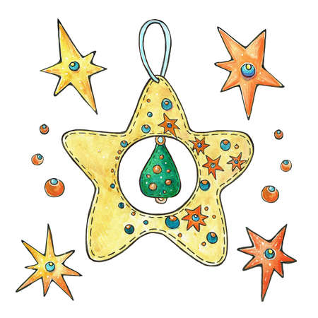 Christmas and New Years set. Watercolor christmas with tree toys.Hand drawn elements. Christmas set cartoon elements. Illustrated for your festive design isolated on white background. Watercolor painting.の写真素材