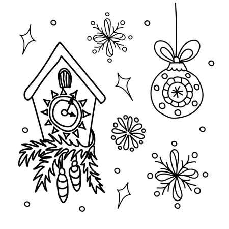 Christmas set of doodle elements. Vector graphics with Christmas tree toy, Cuckoo-clock, snowflakes. Hand drawing.のイラスト素材
