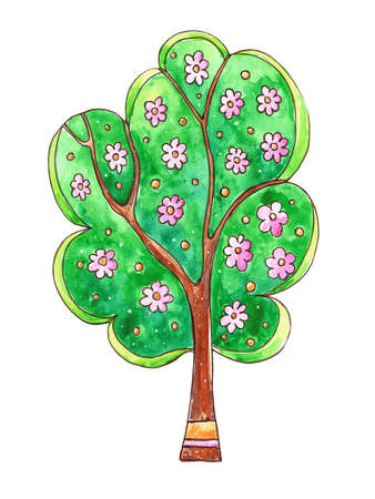 Watercolor illustration with blossoming spring tree. hand drawing.の写真素材