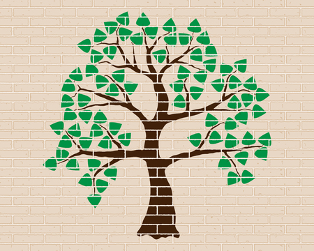Green tree with leaves on the brick wall, decoration and ornamentのイラスト素材