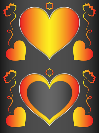 Heart, heart-shaped frame with orange hearts and flowers, frame for decorationのイラスト素材