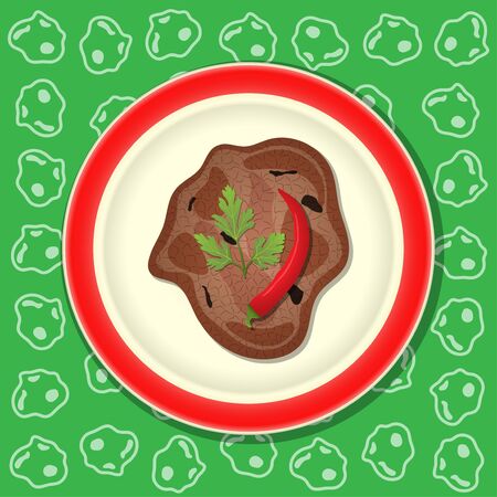Fried meat with pepper and parsley on the plate, green background with patternのイラスト素材