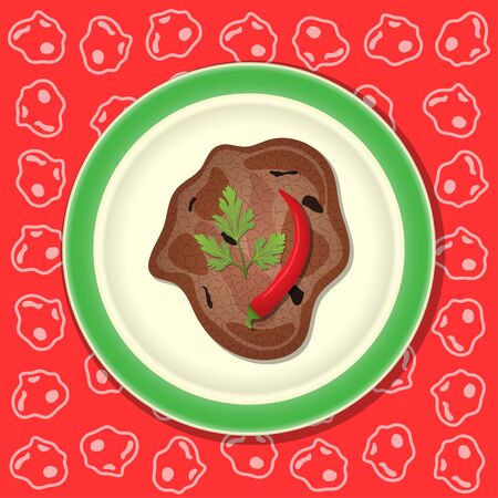 Fried meat with pepper and parsley on the plate, red background with patternのイラスト素材