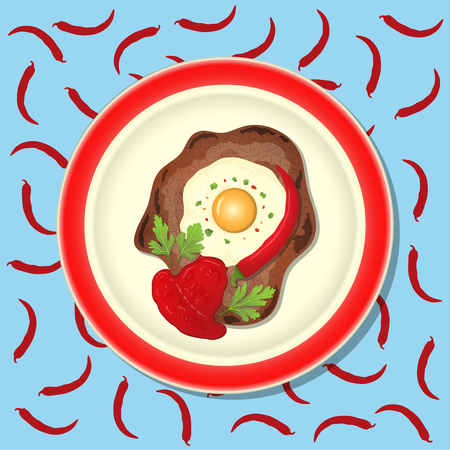 Fried meat with ketchup, chili and parsley on the plate.のイラスト素材