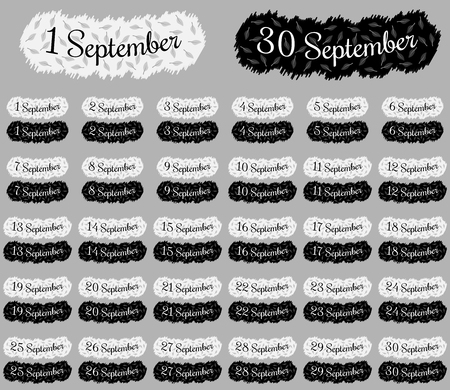 September date collection, ready inscription or lettering of september date with all month number for different applications, black-white versionのイラスト素材
