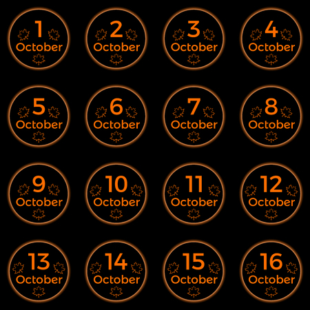 October date, date collection of october in orange color, black button with orange neon light and october date. Part 1のイラスト素材